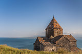 Church and Sevan lake in Armenia