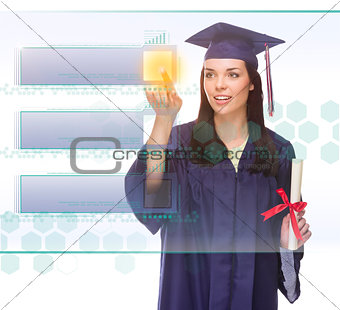 Female Graduate Pushing Blank Button on Panel with Copy Room