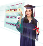 Young Female Graduate Choosing Job Button on Translucent Panel