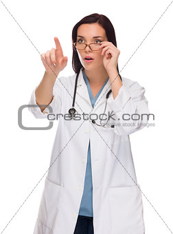 Female Doctor or Nurse Pushing Button or Pointing, Copy Room