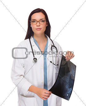 Mixed Race Female Doctor or Nurse Holding X-ray on White