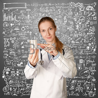 Doctor woman with cup for analysis