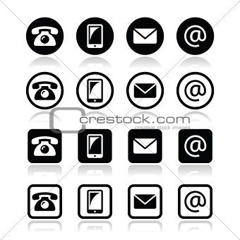 Contact icons in circle and square set - mobile, phone, email, envelope