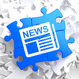 Newspaper Icon with News Word on Blue Puzzle.