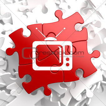 TV Set Icon on Red Puzzle.