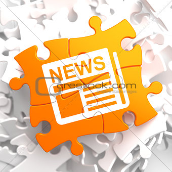 Newspaper Icon with News Word on Orange Puzzle.