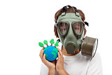 Forests importance - ecology concept with child wearing gas mask