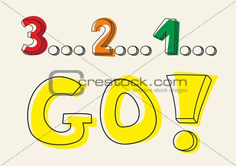 Countdown: 3 2 1 go! Hand drawn doodle colorful vector illustration