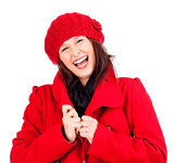 Young Woman in Red Coat and Cap Laughing 