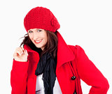 Young Woman in Red Coat and Cap Smiling 