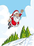 Cartoon Santa flying like super above snowy landscape