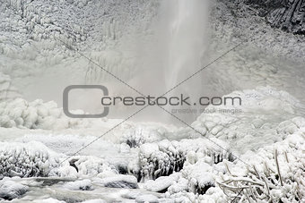 Base of Latourell Falls Frozen in Winter Closeup