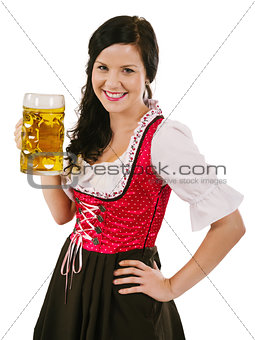 Smiling woman holding Oktoberfest beer