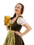 Happy woman drinking beer during Oktoberfest