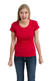 Angry woman posing with blank red shirt