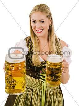Happy blond serving beer during Oktoberfest