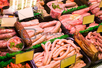 Meat and sausages in a butcher shop