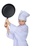 Young chef threatens with frying pan