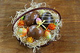 Easter eggs in nest on a wooden background