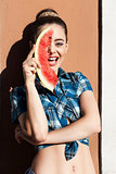 girl in summer style with watermelon
