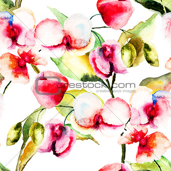 Seamless pattern with Pink orchids flowers