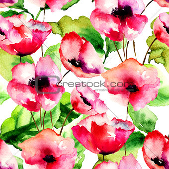 Seamless pattern with Red Poppy flowers