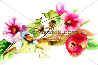 Original watercolor illustration with flowers 