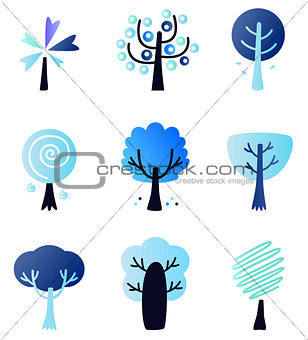 Abstract winter vector trees set isolated on white