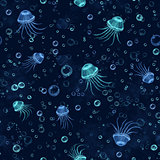 Seamless pattern with jellyfish in blue