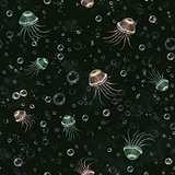 Seamless pattern with jellyfish in dark green