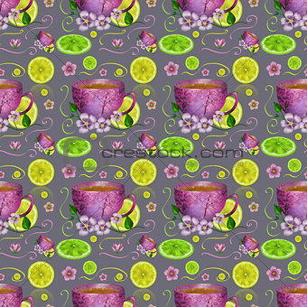 Seamless pattern cup of tea and lemons