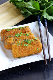 fried spring rolls with herbs and sauce