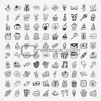 100 Doodle Birthday party icons set