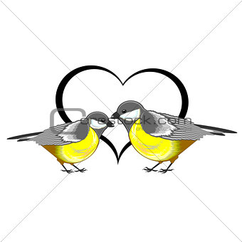 A couple of birds (titmice) with a heart