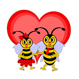 A couple of funny cartoon bees with a red heart