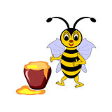 A funny cartoon bee with a pot of honey