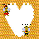 A couple of two funny cartoon bees with a heart surrounded by ho