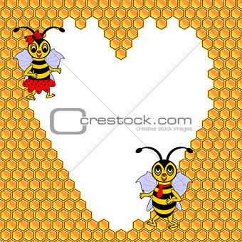 A couple of two funny cartoon bees with a heart surrounded by ho