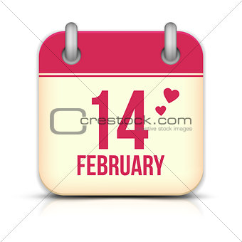 Valentines day calendar icon with reflection. 14 february