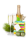 Champagne, gift and christmas decor