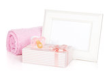 Photo frame with gift box and girl dummy