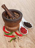 Mortar and pestle with red hot chili pepper and peppercorn
