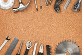 Set of tools on cork background