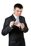Businessman shows the two bills by ten euros