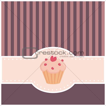 Vector card or invitation with sweet muffin cupcake, heart and pink violet strips.