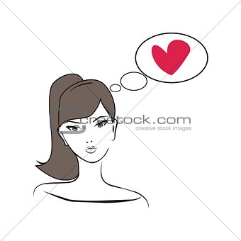 Young, hand drawn in simply glamour design style, thinking girl with brown hair and heart. Vector illustration isolated on white background