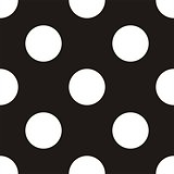 Seamless vector dark pattern with big white polka dots on black background.