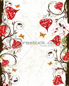 Valentines Day grunge background with hearts and florals