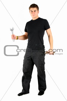 man in black with tools