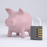 Combination lock and pink piggy bank